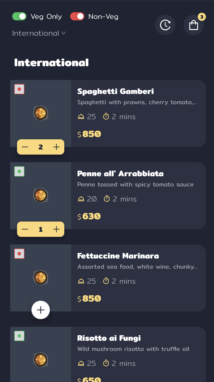 Customer mobile app showing menu and cart